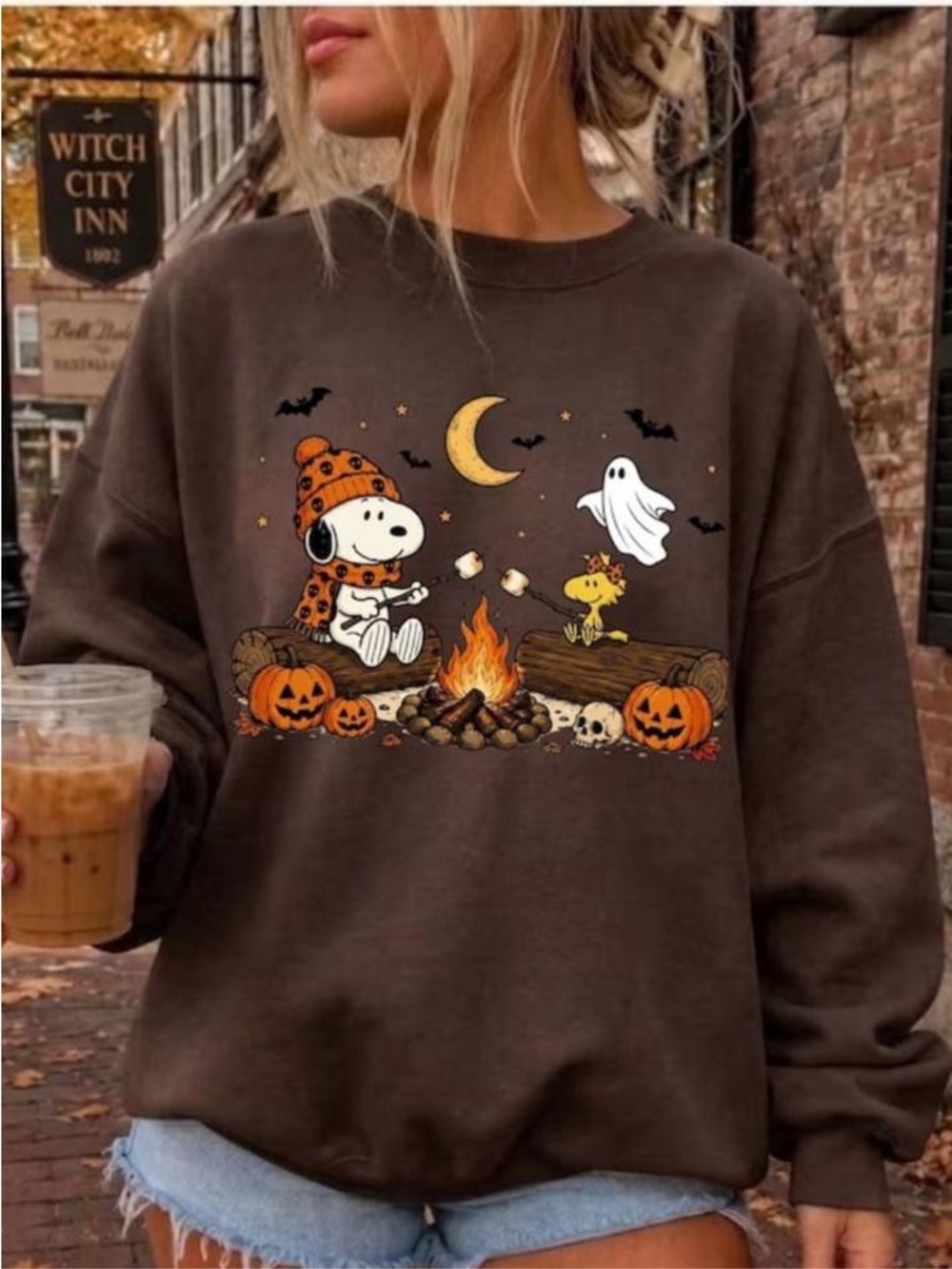 Dark Chocolate Halloween Snoopy & Woodstock Campfire Graphic Sweatshirt